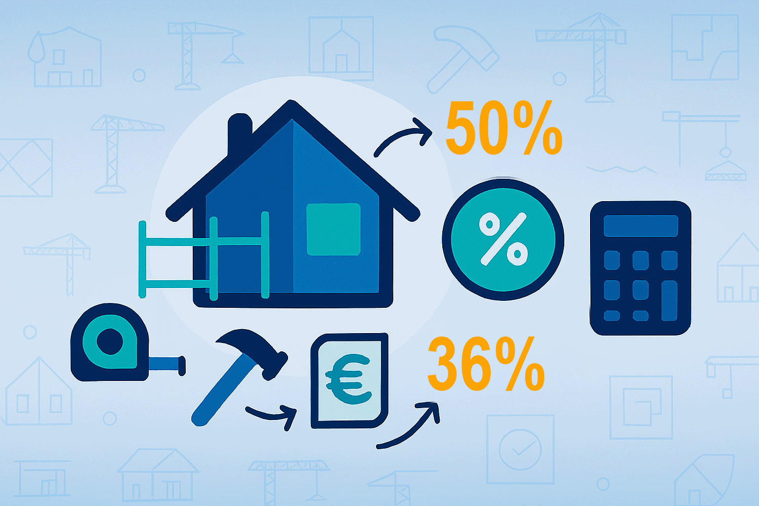 Illustrazione flat stile CAF Public sul Bonus Ristrutturazione 2025: casa in ristrutturazione con ponteggi e calcolatrice fiscale, evidenziate le aliquote 50% e 36% per detrazione prima e seconda casa.