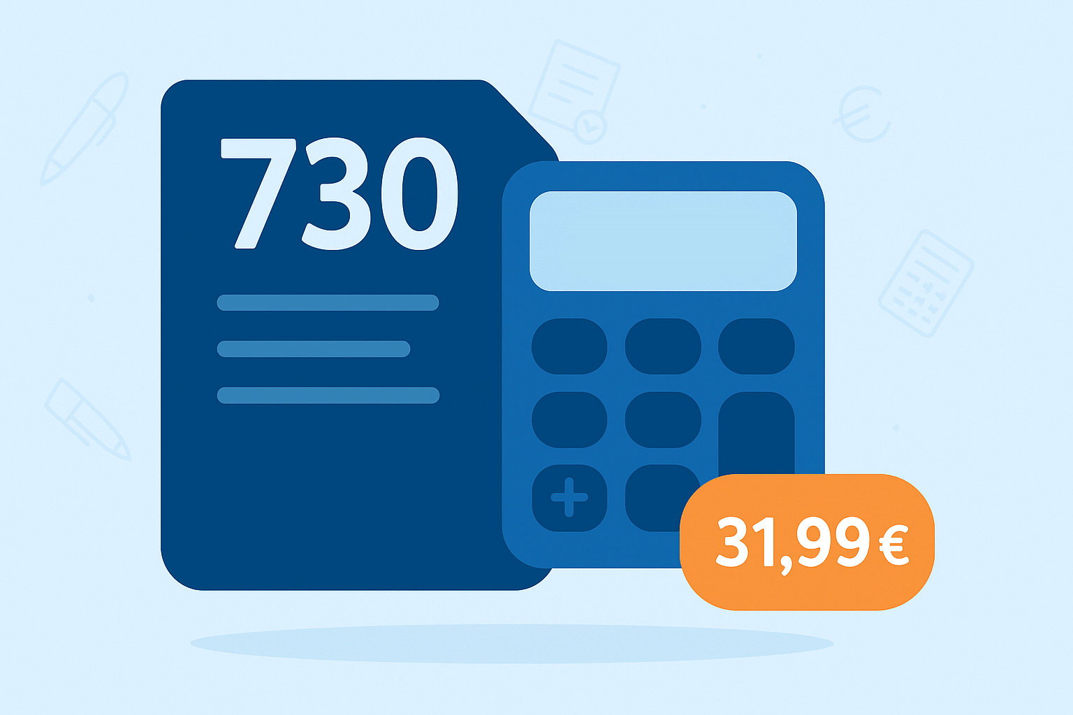 Illustrazione flat 2.0 di un modulo 730 e una calcolatrice con prezzo 31,99 €, immagine prodotto per la dichiarazione dei redditi su CAF Public