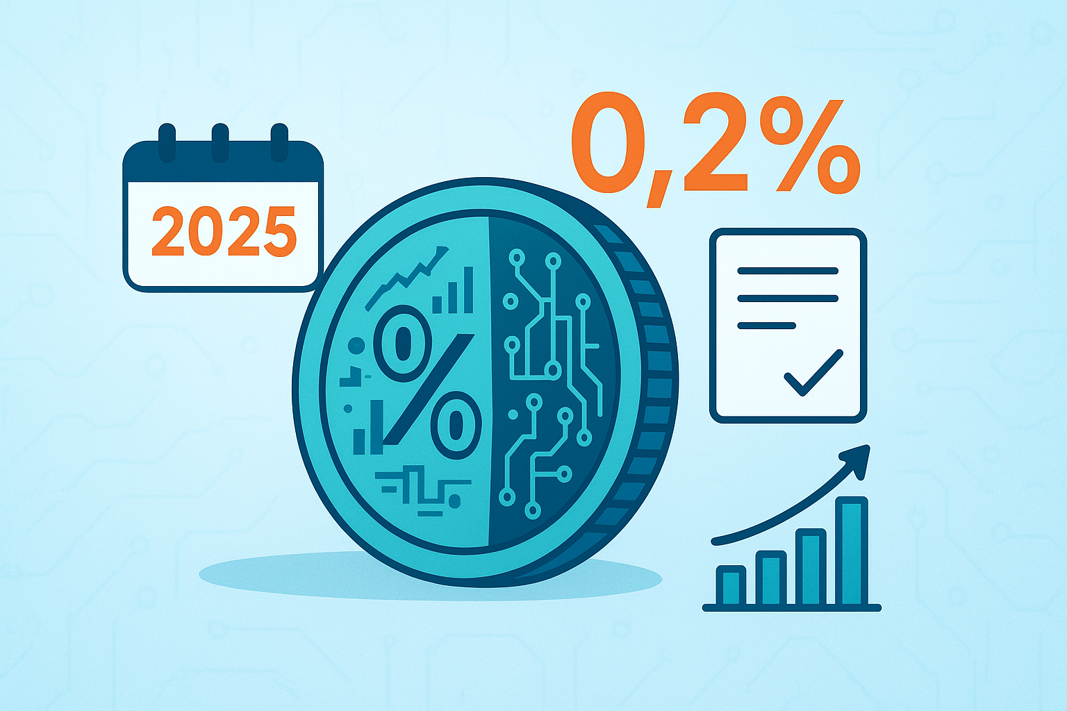 Illustrazione in stile Flat 2.0 di CAF Public sull’IVCA Criptovalute 2025: calcolo imposta 0,2%, pagamento e scadenze fiscali, con mix di elementi finanziari e digitali