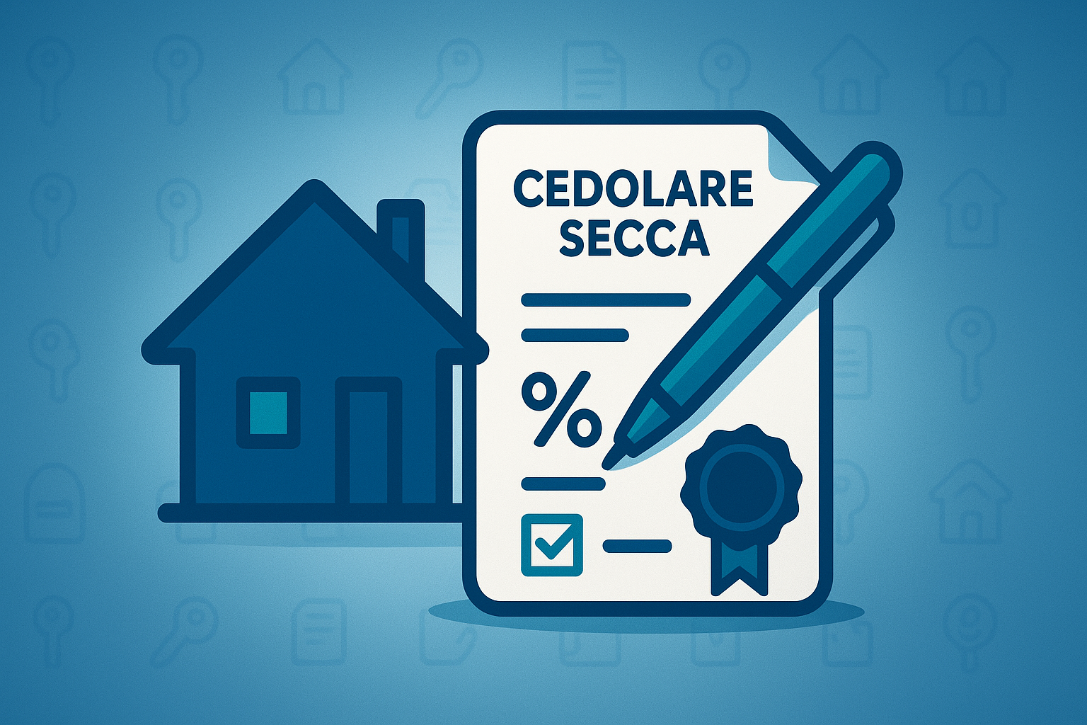 Illustrazione flat: casa blu e documento con la scritta "CEDOLARE SECCA", penna inclinata e timbro - servizio di registrazione contratto di affitto di CAF Public.