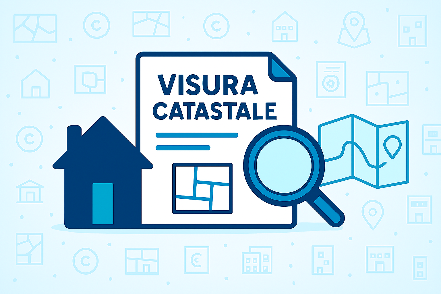 Illustrazione flat di CAF Public su sfondo azzurro sfumato con pattern ton‑sur‑ton di icone catastali. In primo piano, da sinistra a destra: una casa blu con porta turchese, un documento bianco con scritta “VISURA CATASTALE” in blu e griglia stilizzata, una lente d’ingrandimento turchese sovrapposta al documento e una mappa piegata turchese con segnaposto.