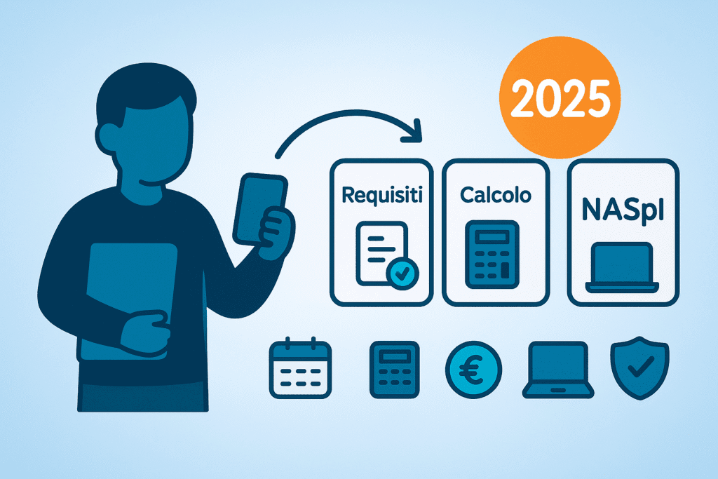 Infografica flat 2.0 sulla NASpI 2025: una figura con cartella e smartphone indica tre card con i passaggi principali — Requisiti, Calcolo e NASpI. In alto un badge arancione con “2025” e in basso micro-icone di calendario, calcolatrice, euro, laptop e scudo con spunta.